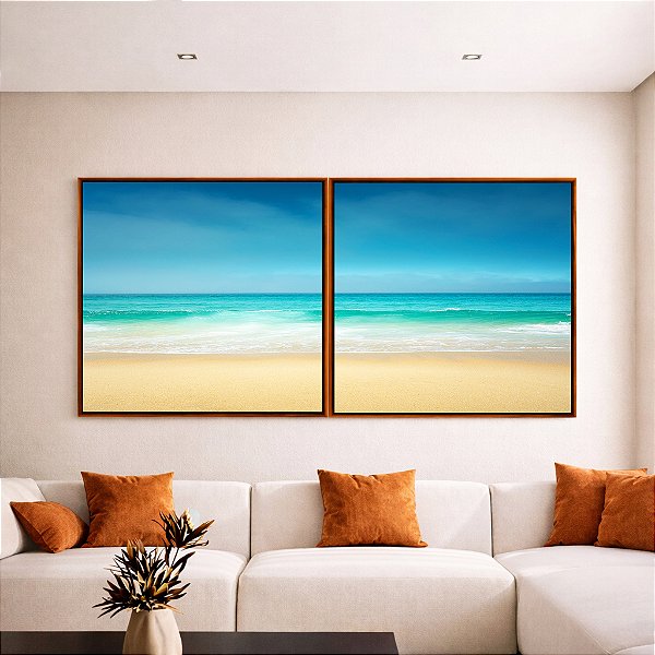 Duo de Quadros Quadrados Praia Mar Azul Turquesa Areia Clara Paisagem Natureza Canvas Moldura