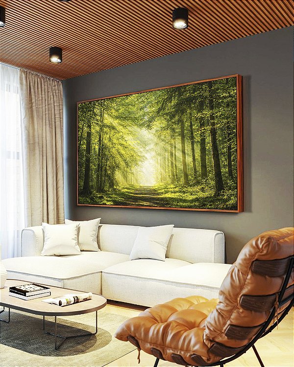Quadro Horizontal Caminho Iluminado Floresta Árvores Raios de Luz Sol Natureza Verde Canvas Moldura