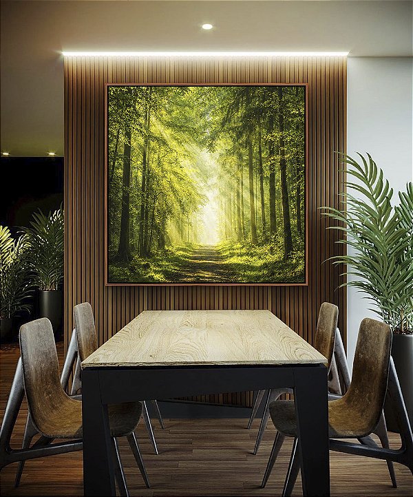 Quadro Quadrado Caminho Iluminado Floresta Árvores Raios de Luz Sol Natureza Verde Canvas Moldura