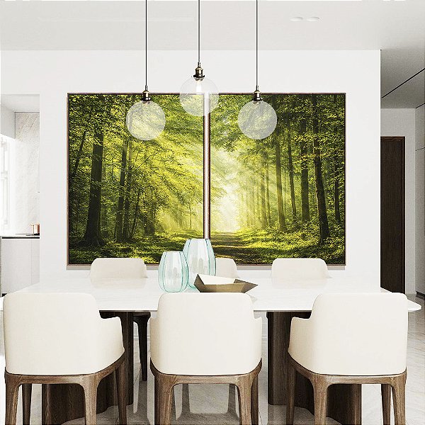 Duo de Quadros Caminho Iluminado Floresta Árvores Raios de Luz Sol Natureza Verde Canvas Moldura