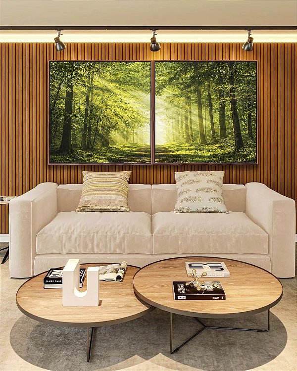 Duo de Quadros Quadrados Caminho Iluminado Floresta Árvores Raios de Luz Sol Natureza Verde Canvas Moldura