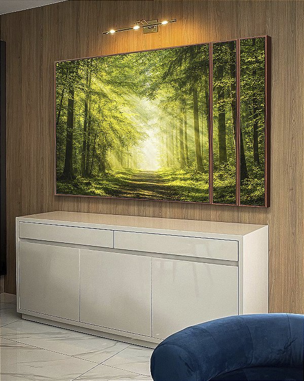 Trio de Quadros Estilizados Caminho Iluminado Floresta Árvores Raios de Luz Sol Natureza Verde Canvas Moldura