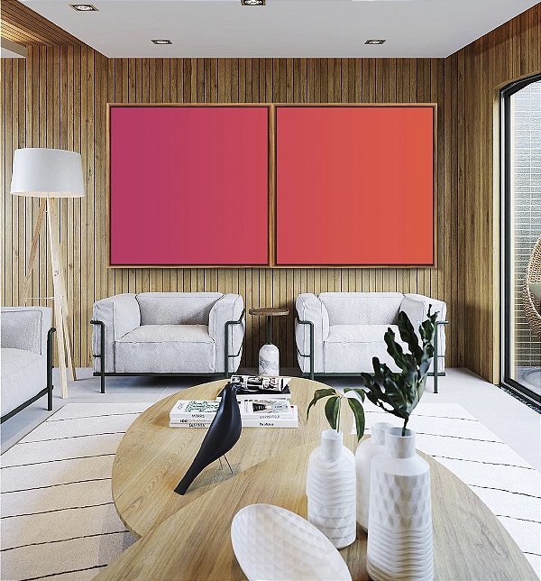 Duo de Quadros Quadrados Abstrato Degradê Rosa Produndo Laranja Canvas Moldura