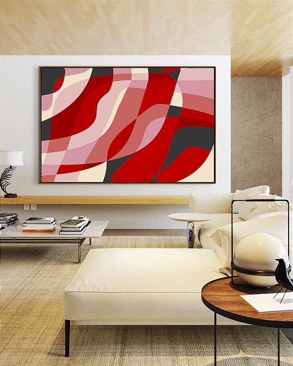 Quadro Horizontal Abstrato Mosaico Rosa Vermelho Carmim Canvas Moldura