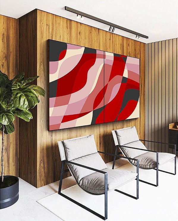 Duo de Quadros Abstrato Mosaico Rosa Vermelho Carmim Canvas Moldura