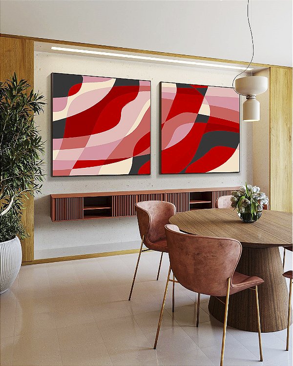 Duo de Quadros Quadrados Abstrato Mosaico Rosa Vermelho Carmim Canvas Moldura