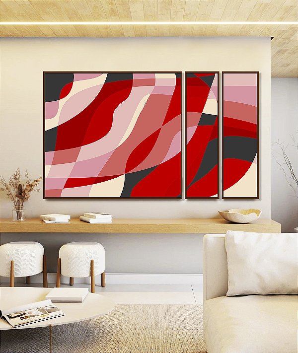 Trio de Quadros Estilizados Abstrato Mosaico Rosa Vermelho Carmim Canvas Moldura