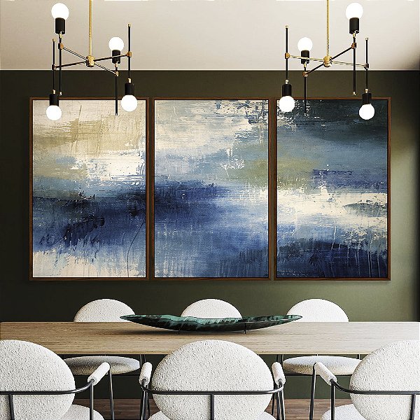 Trio de Quadros Abstrato Azul Verde Pistache Cinza Concreto Textura Canvas Moldura