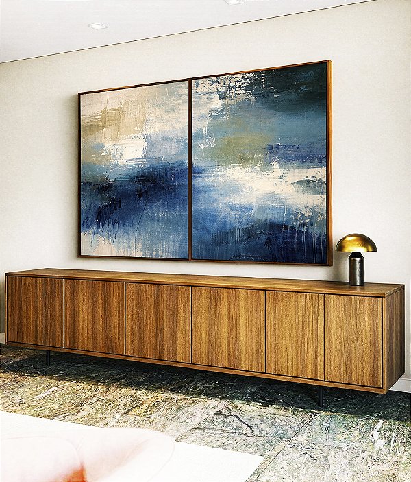 Duo de Quadro Abstrato Azul Verde Pistache Cinza Concreto Textura Canvas Moldura