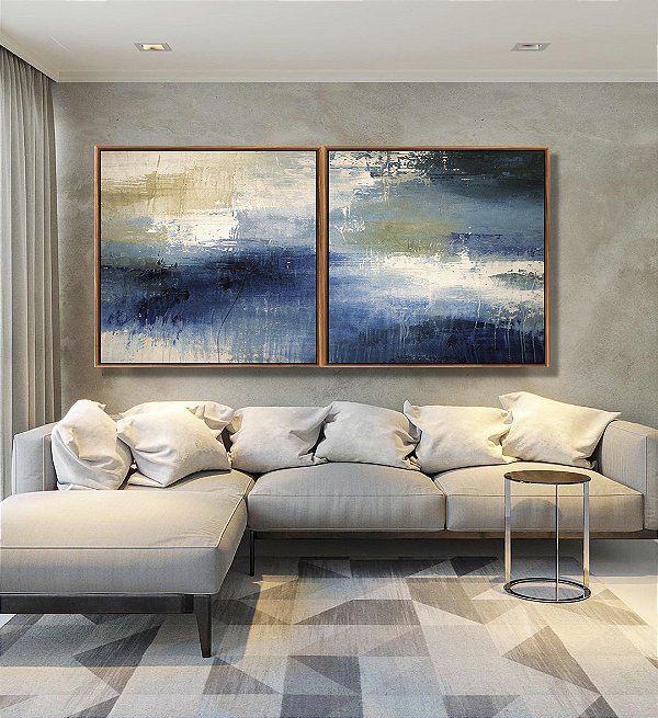 Duo de Quadros Quadrados Abstrato Azul Verde Pistache Cinza Concreto Textura Canvas Moldura