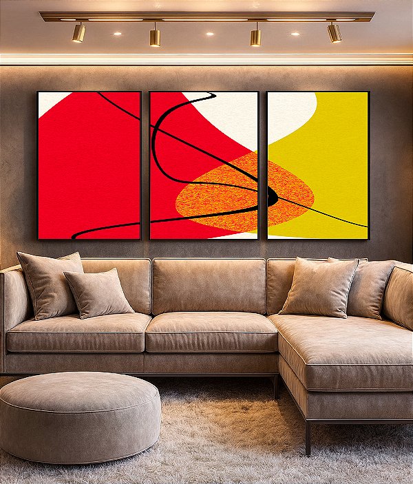 Trio de Quadros Abstrato Minimalista Laranja Tangerina Verde Limão Canvas Moldura