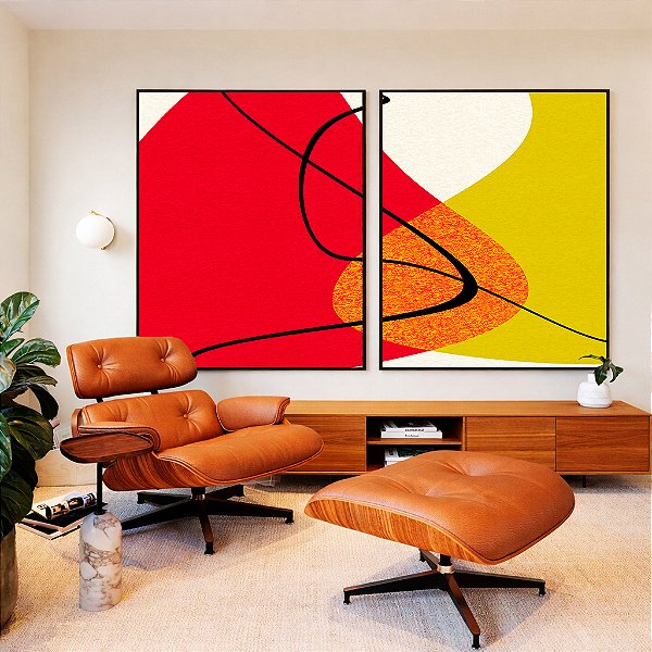 Duo de Quadros Abstrato Minimalista Laranja Tangerina Verde Limão Canvas Moldura