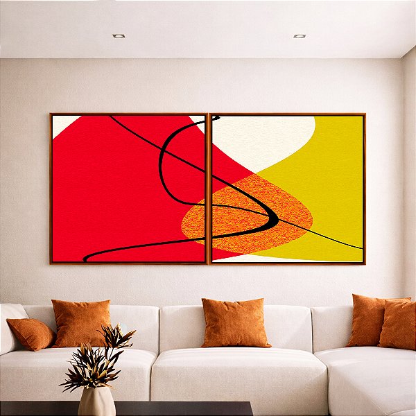 Duo de Quadros Quadrados Abstrato Minimalista Laranja Tangerina Verde Limão Canvas Moldura