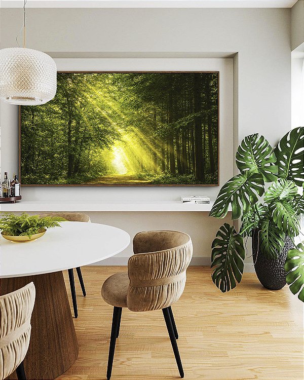 Quadro Horizontal Luzes do Sol em Caminho Floresta Árvores Paisagem Natureza Canvas Moldura