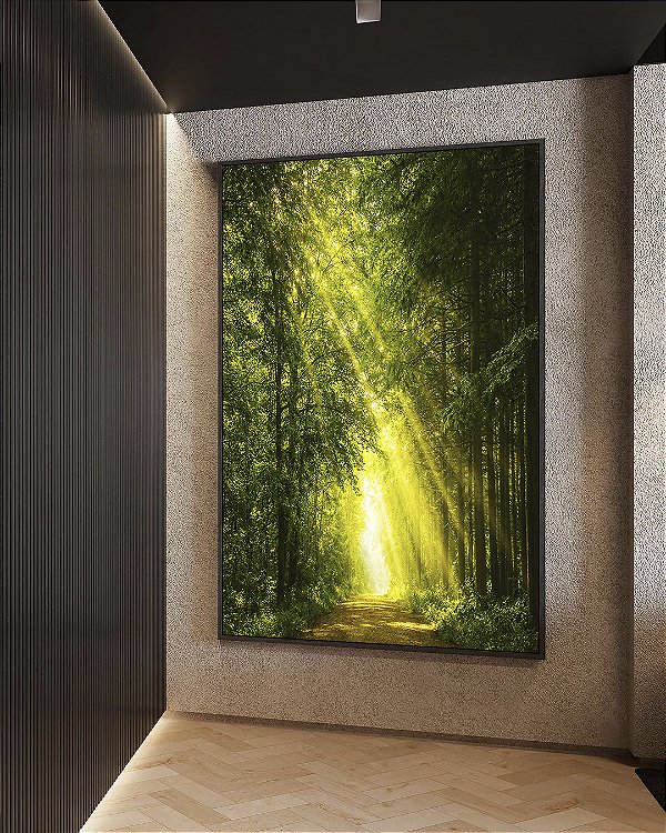 Quadro Vertical Luzes do Sol em Caminho Floresta Árvores Paisagem Natureza Canvas Moldura