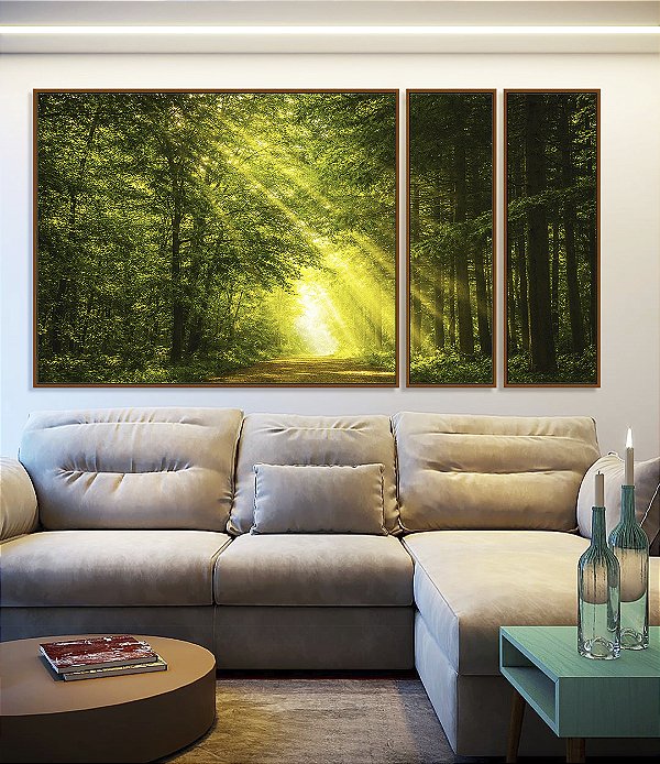 Trio de Quadros Estilizados Luzes do Sol em Caminho Floresta Árvores Paisagem Natureza Canvas Moldura