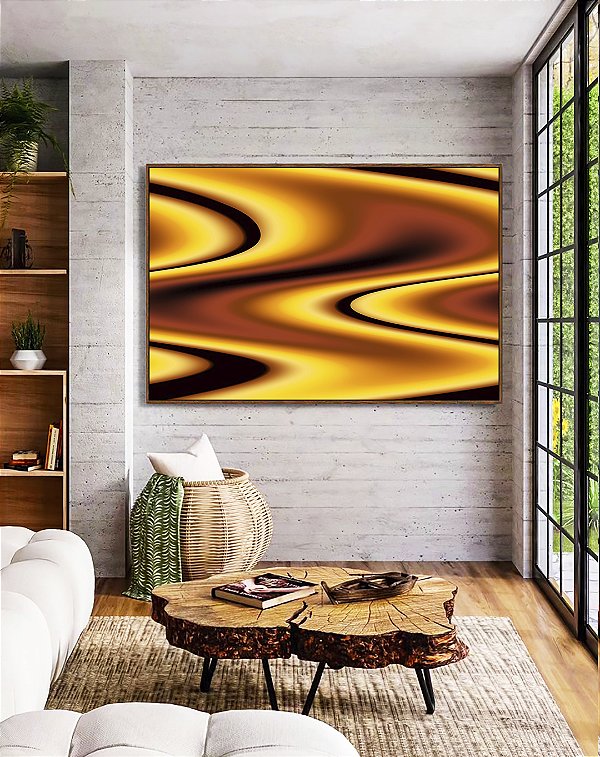 Quadro Horizontal Amarelo Marrom Arte Fluida Pouring Canvas Moldura