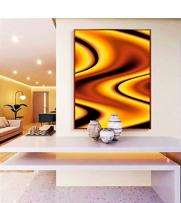 Quadro Vertical Amarelo Marrom Arte Fluida Pouring Canvas Moldura