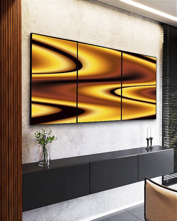 Trio de Quadros Amarelo Marrom Arte Fluida Pouring Canvas Moldura