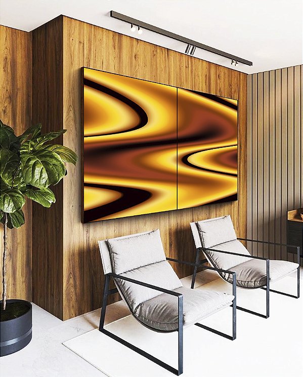 Duo de Quadros Amarelo Marrom Arte Fluida Pouring Canvas Moldura