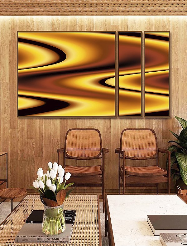 Trio de Quadros Estilizados Amarelo Marrom Arte Fluida Pouring Canvas Moldura