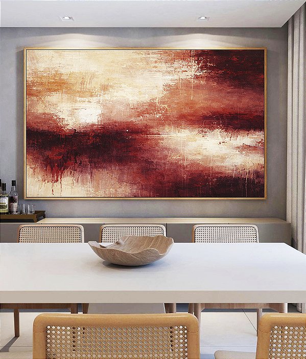 Quadro Horizontal Abstrato Coral Vermelho Borbô Efeito Concreto Canvas Moldura
