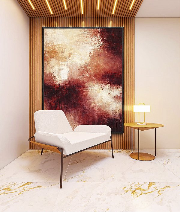 Quadro Vertical Abstrato Coral Vermelho Borbô Efeito Concreto Canvas Moldura