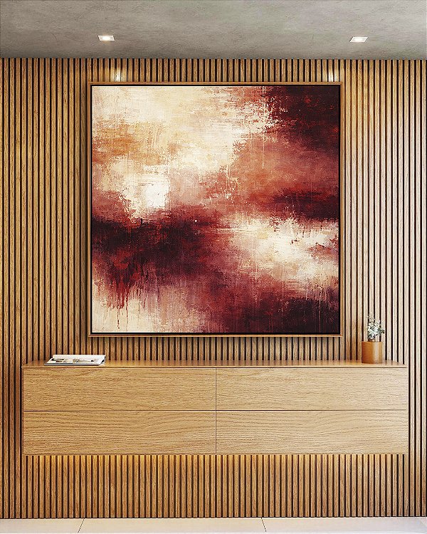 Quadro Quadrado Abstrato Coral Vermelho Borbô Efeito Concreto Canvas Moldura