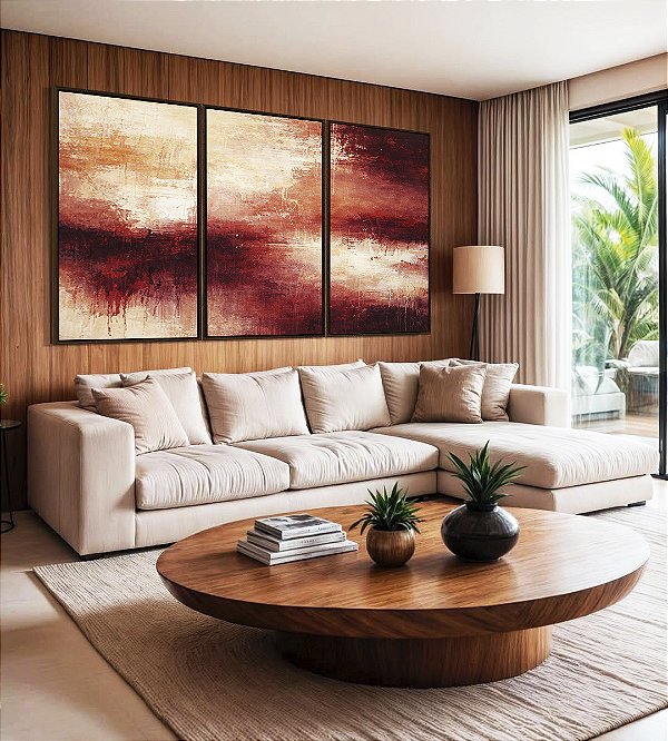 Trio de Quadros Abstrato Coral Vermelho Borbô Efeito Concreto Canvas Moldura