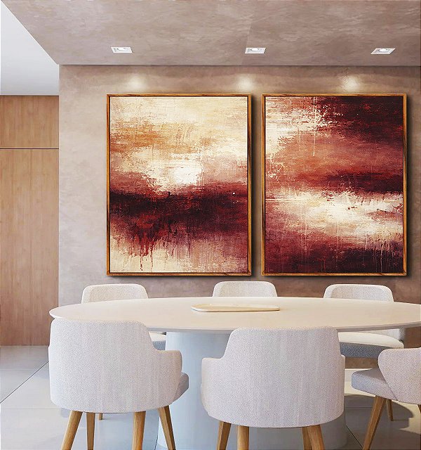 Duo de Quadros Abstrato Coral Vermelho Borbô Efeito Concreto Canvas Moldura