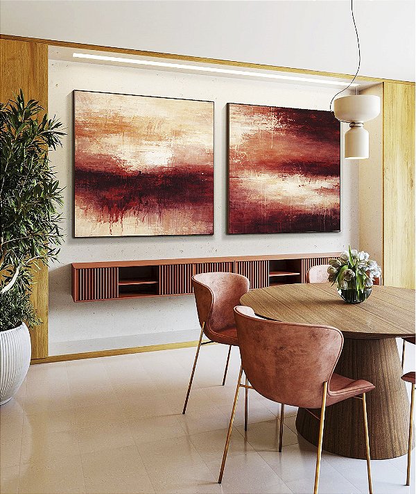 Duo de Quadros Quadrados Abstrato Coral Vermelho Borbô Efeito Concreto Canvas Moldura