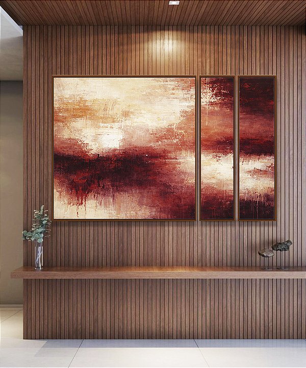 Trio de Quadros Estilizados Abstrato Coral Vermelho Borbô Efeito Concreto Canvas Moldura