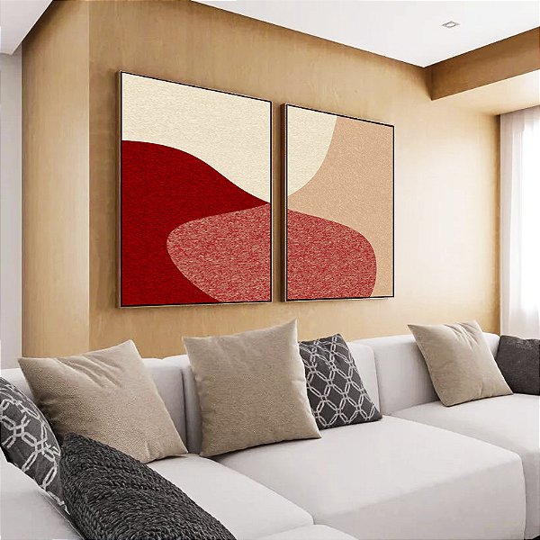 Duo de Quadros Abstrato Minimalista Rosa Salmão Vermelho Borbô Canvas Moldura