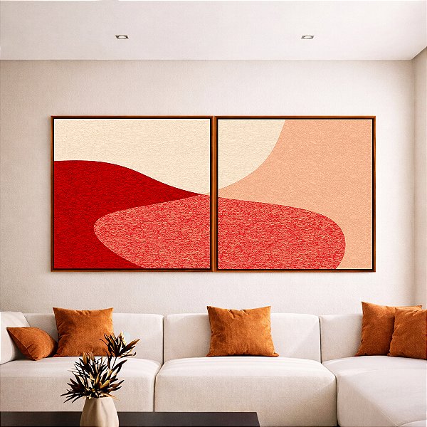 Duo de Quadros Quadrados Abstrato Minimalista Rosa Salmão Vermelho Borbô Canvas Moldura