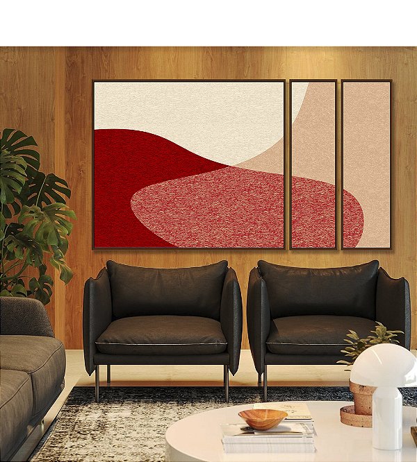 Trio de Quadros Estilizados Abstrato Minimalista Rosa Salmão Vermelho Borbô Canvas Moldura