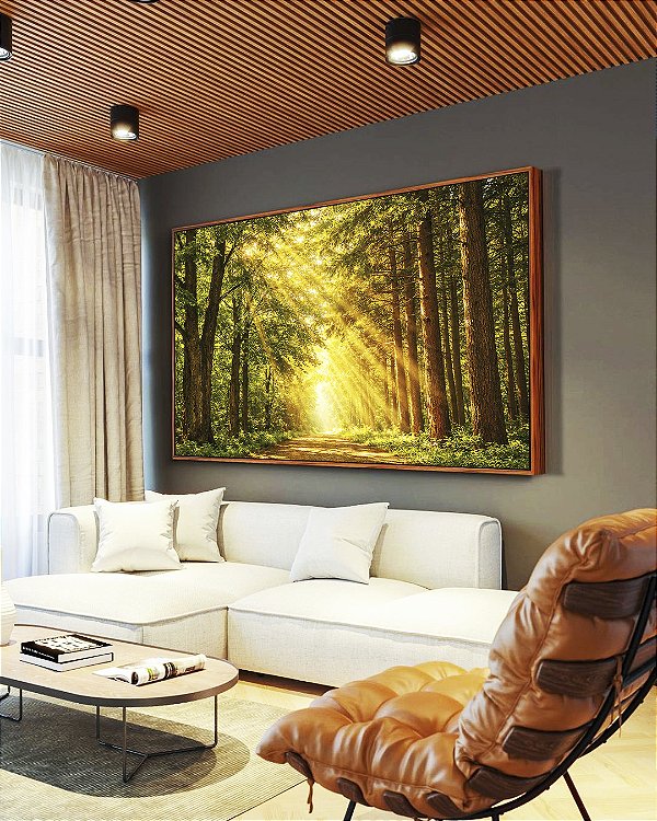 Quadro Horizontal Caminho Iluminado na Floresta Natureza Luz do Sol Canvas Moldura