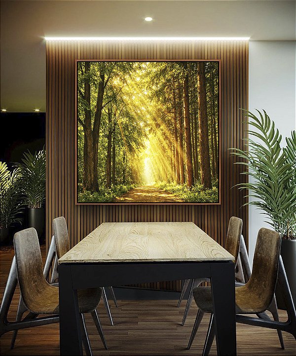 Quadro Quadrado Caminho Iluminado na Floresta Natureza Luz do Sol Canvas Moldura