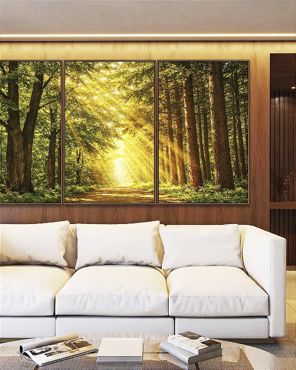 Trio de Quadros Caminho Iluminado na Floresta Natureza Luz do Sol Canvas Moldura