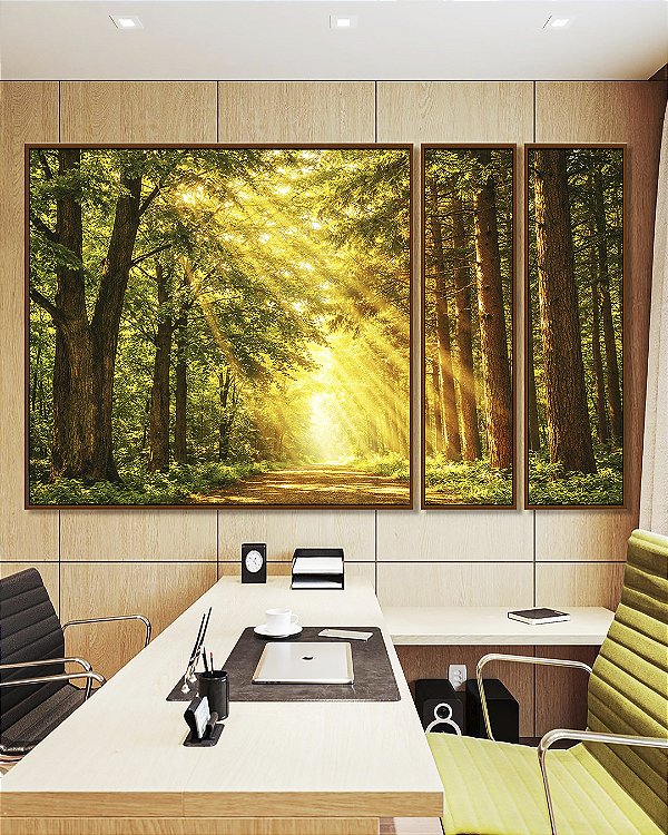 Trio de Quadros Estilizados Caminho Iluminado na Floresta Natureza Luz do Sol Canvas Moldura