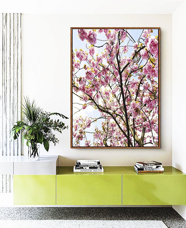 Quadro Vertical Árvore Ipê Flores Rosa Céu Azul Natureza Paisagem Canvas Moldura