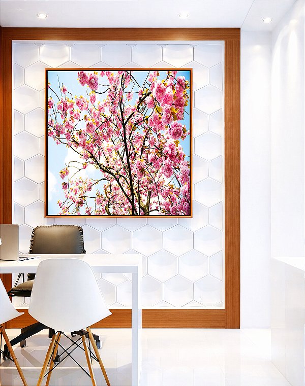 Quadro Quadrado Árvore Ipê Flores Rosa Céu Azul Natureza Paisagem Canvas Moldura