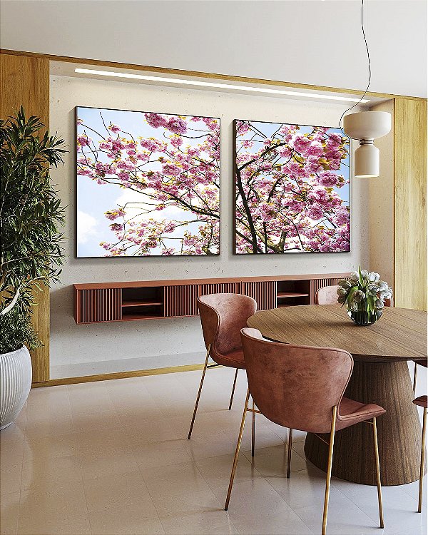 Duo de Quadros Quadrados Árvore Ipê Flores Rosa Céu Azul Natureza Paisagem Canvas Moldura