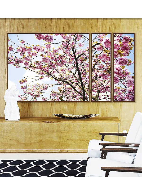 Trio de Quadros Estilizados Árvore Ipê Flores Rosa Céu Azul Natureza Paisagem Canvas Moldura