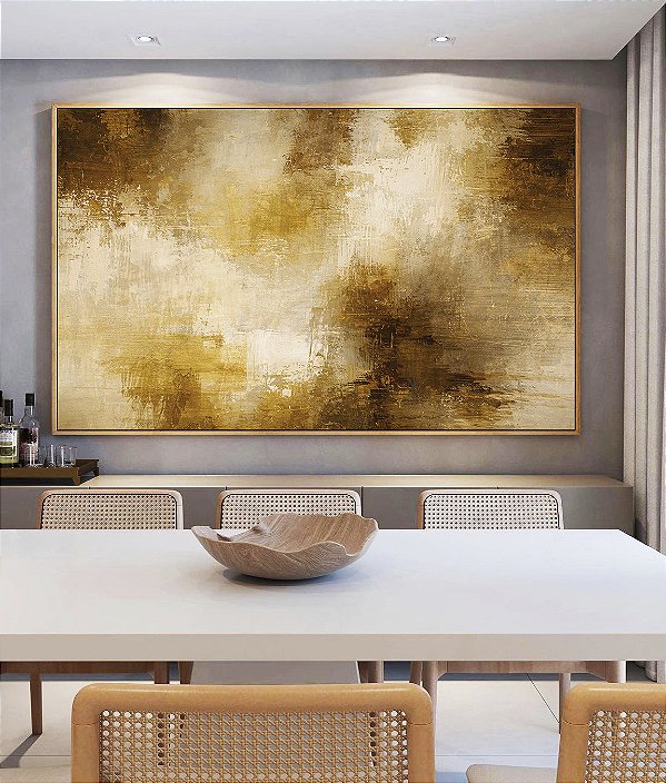 Quadro Horizontal Abstrato Bronze Marrom Caramelo Efeito Concreto Canvas Moldura