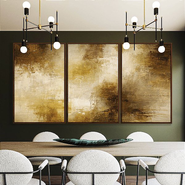Trio de Quadros Abstrato Bronze Marrom Caramelo Efeito Concreto Canvas Moldura