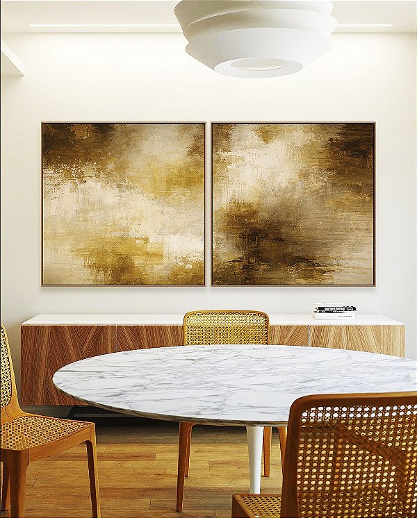 Duo de Quadros Quadrados Abstrato Bronze Marrom Caramelo Efeito Concreto Canvas Moldura