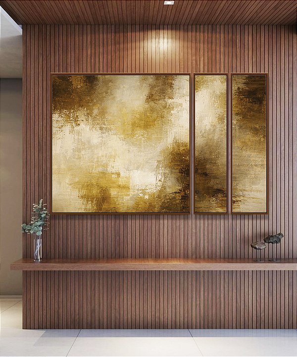 Trio de Quadros Estilizados Abstrato Bronze Marrom Caramelo Efeito Concreto Canvas Moldura