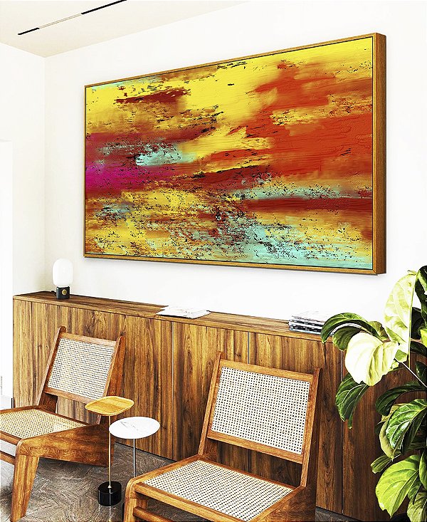 Quadro Horizontal Abstrato Colorido Amarelo Laranja Turquesa Efeito Concreto Canvas Moldura