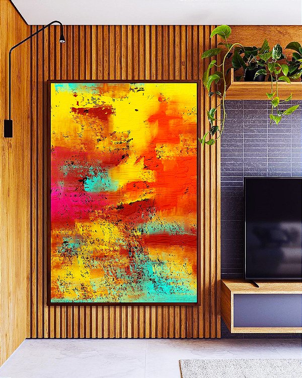 Quadro Vertical Abstrato Colorido Amarelo Laranja Turquesa Efeito Concreto Canvas Moldura