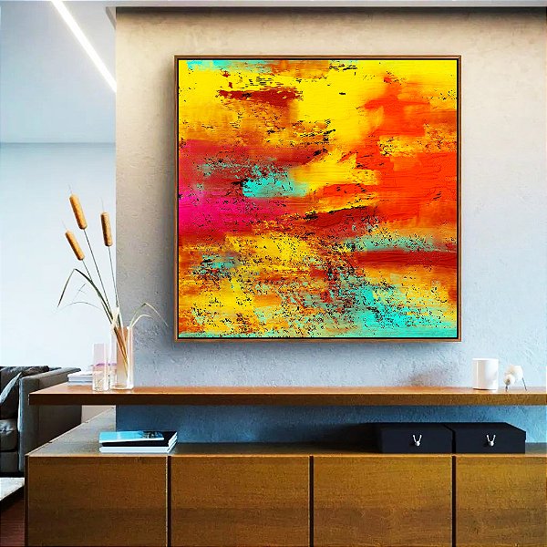 Quadro Quadrado Abstrato Colorido Amarelo Laranja Turquesa Efeito Concreto Canvas Moldura